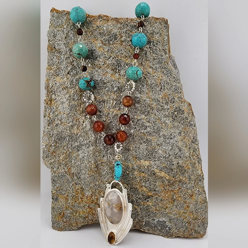 TURQUOISE, CARNELIAN, & DENDRITIC AGATE  NECKLACE  HANDMADE IN STERLING SILVER